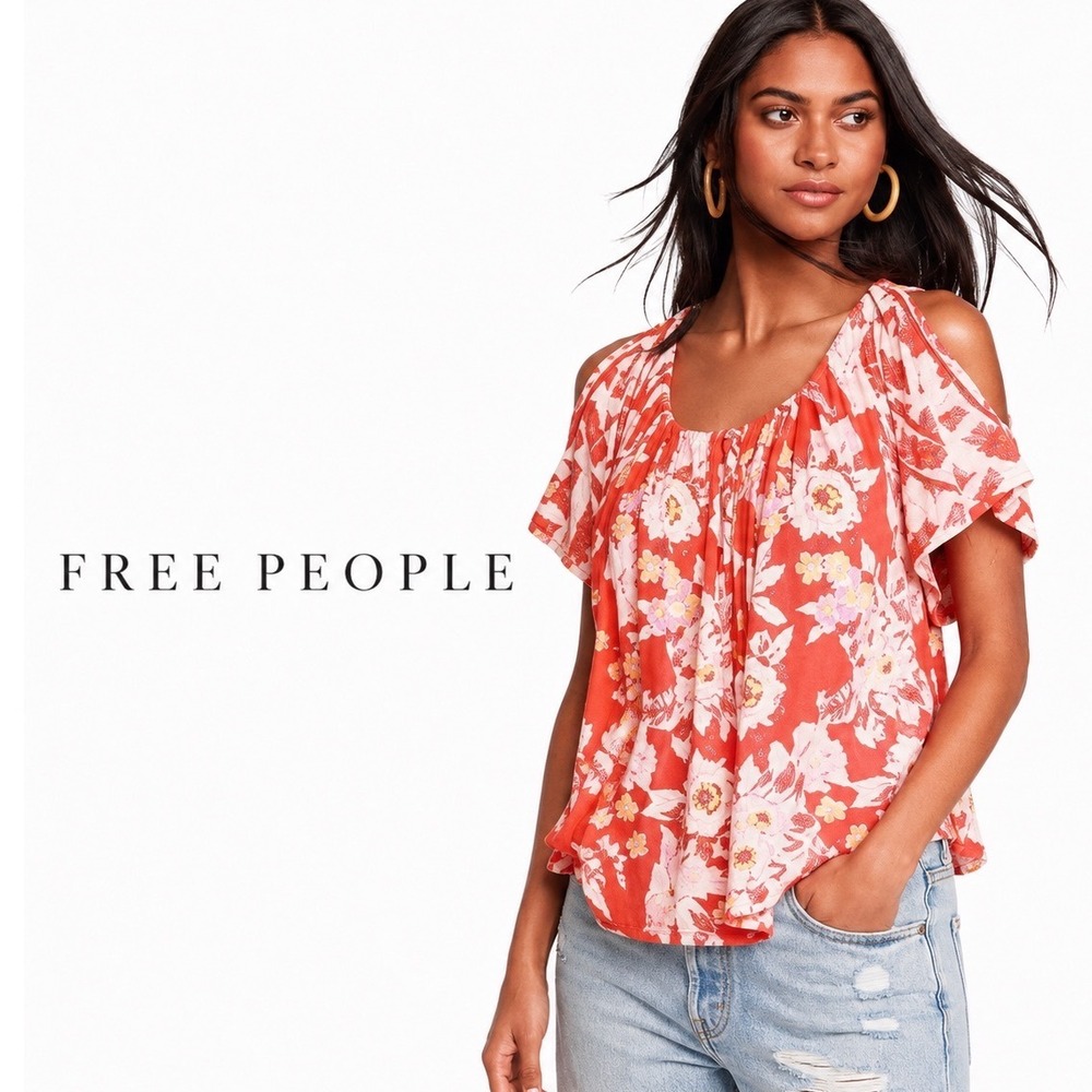 Free People Coral Floral Cold-Shoulder Blouse